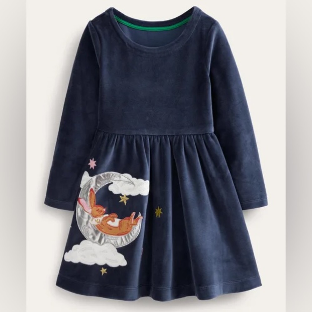 Twirly Velour Appliqué Dress French Navy Bunny size 7-8